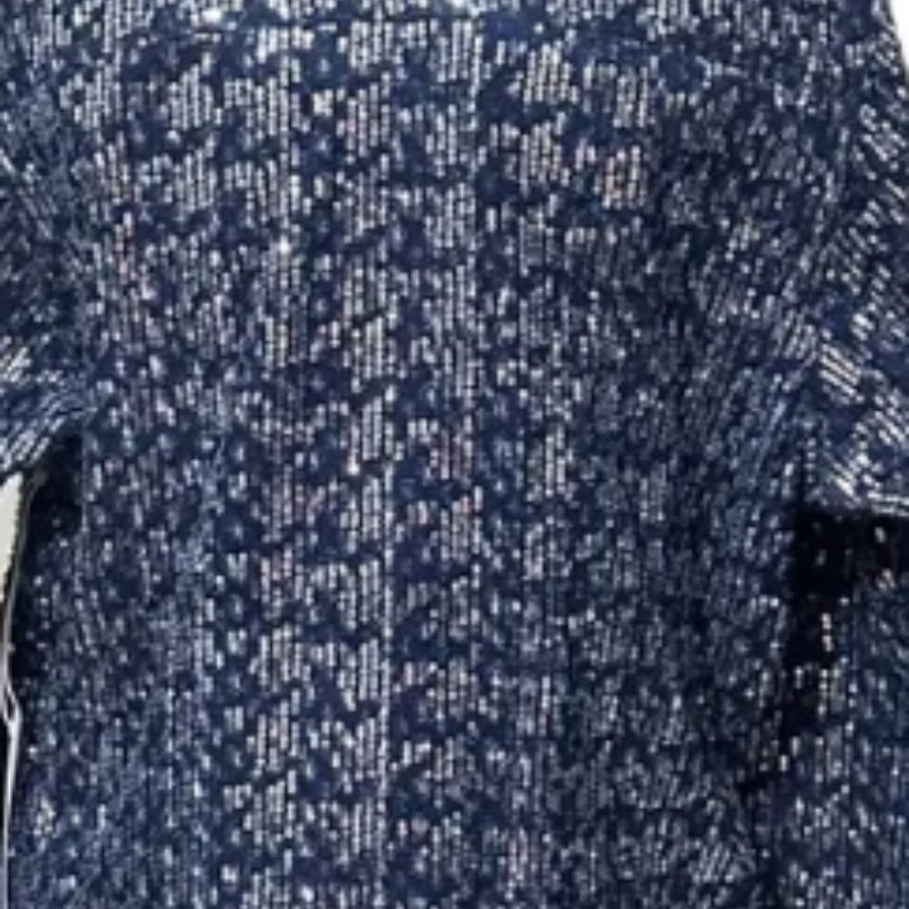 NWt Six/Fifty Sequin Denim Herringbone Jacket Dark Blue Silver XS Oversized - Picture 4 of 5